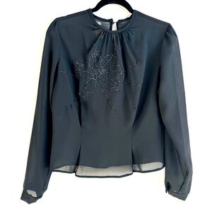Vintage black blouse beaded floral detail made in USA Studio City sz med